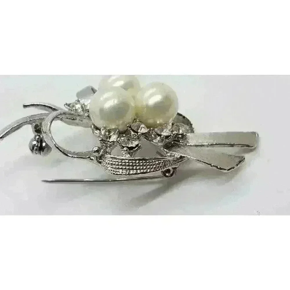 Vintage Brooch Faux Pearl Cluster & Rhinestone Ribbon & Bow Silver